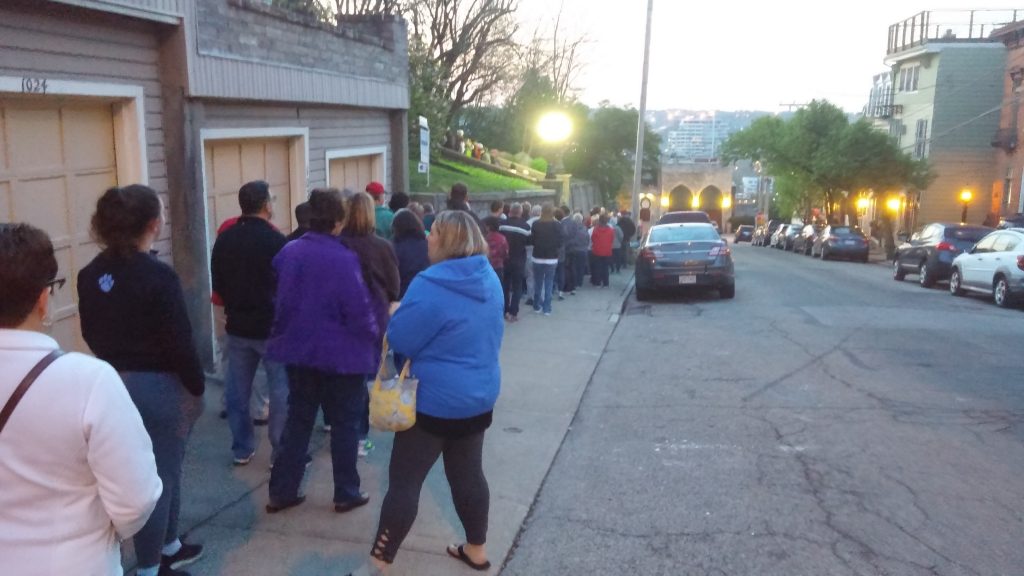 By 6:45 a.m. large crowds were awaiting to ascend the sacred steps at Holy Cross Immaculata (Greg Hartman/CT Photo)