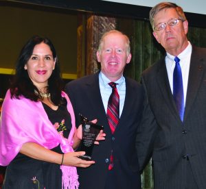 Pictured are Giovanna Alvarez of Su Casa; Elliot Grossman, President of the Cincinnatius Association and Ted Bergh, executive director of Catholic Charities of Southwestern Ohio, at the presentation of the Donald and Marian Spencer Spirit of America Awards May 9. (Courtesy Photo)