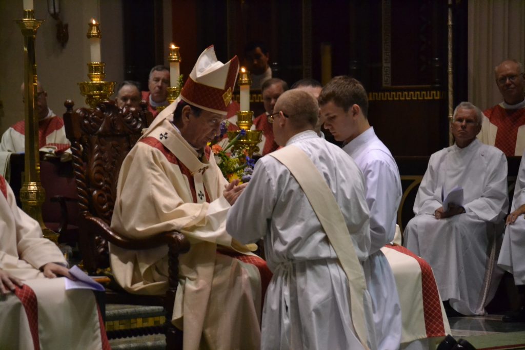 The Archbishop questions David Doseck about his intention to serve the people of God and perform their ministry as ordained priests (CT Photo/Greg Hartman)