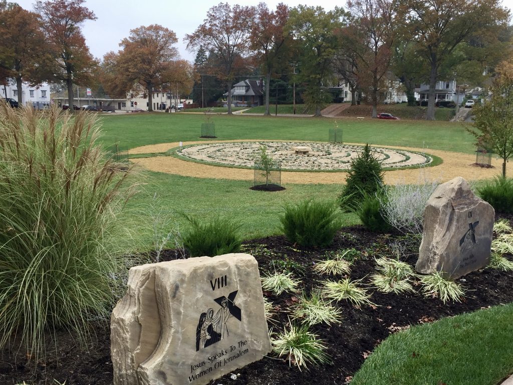 A marvel of engineering, the round labyrinth at St. Joseph Gardens has one path to the center and back, bordered in rock and decorative liriope grass. The paths themselves are laid out in limestone gravel. The central bench features a slab of Tennessee Crab Orchard stone (the same kind of stone used in the nearby Stations of the Cross prayer pathway that weighs more than 1,500 pounds.