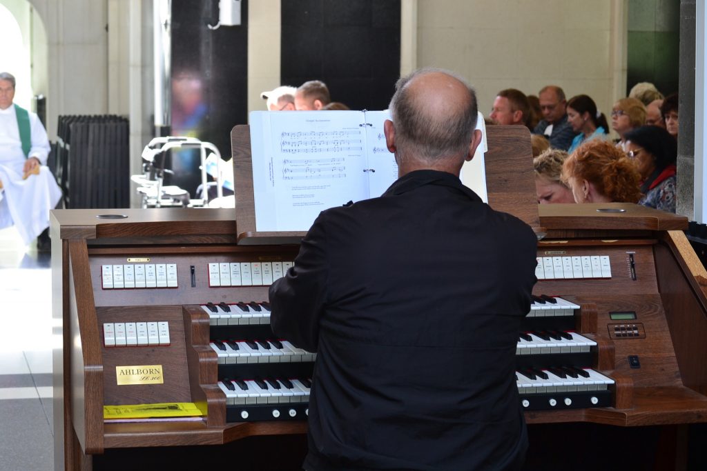 Tony DiCello, Cathedral Music Director, plays at approx. 5,000 feet at Our Lady of Meritxell in Andorra. (CT Photo/Greg Hartman)