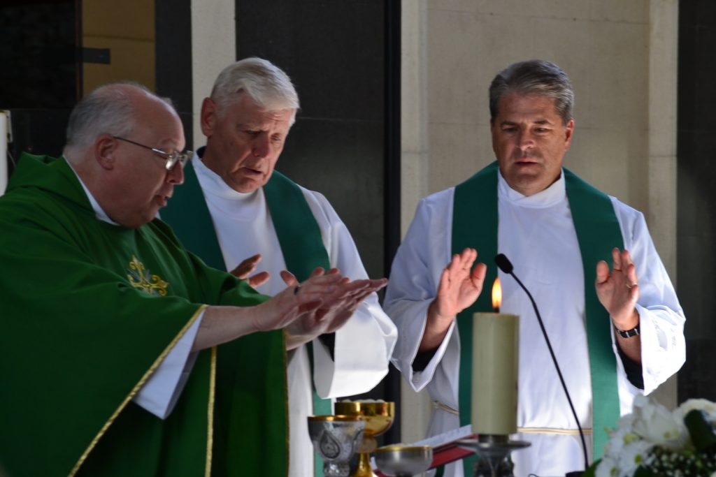 Celebrating the Eucharist at Our Lady of Mertixell in Andorra; Bishop Joseph Binzer, Fr. David Brinkmoeller and Fr. Tom Wray (CT Photo/Greg Hartman)