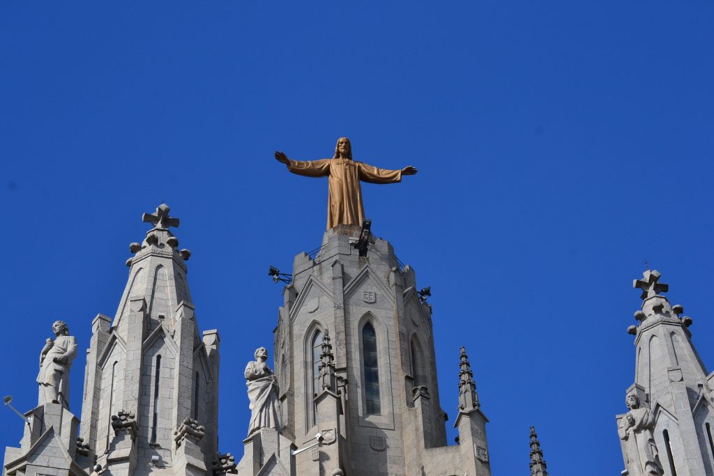 The Church of the Sacred Heart of Jesus in Barcelona Spain is crowned by the enormous bronze statue of the Sacred Heart made by Josep Miret in 1950. (CT Photo/Greg Hartman)