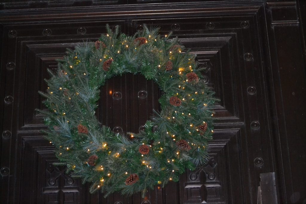 A wreath adorns the entrance to St. Peter in Chains Cathedral on a cold winters night (CT Photo/Greg Hartman)