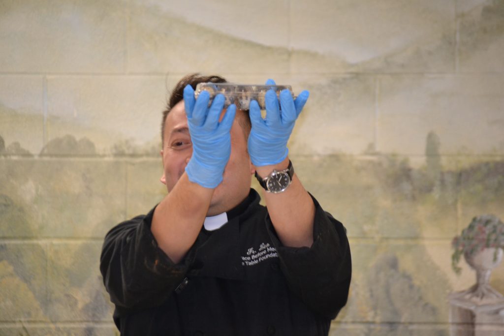 Father Leo was ecstatic over the ingredient of quail eggs. (CT Photo/Greg Hartman)