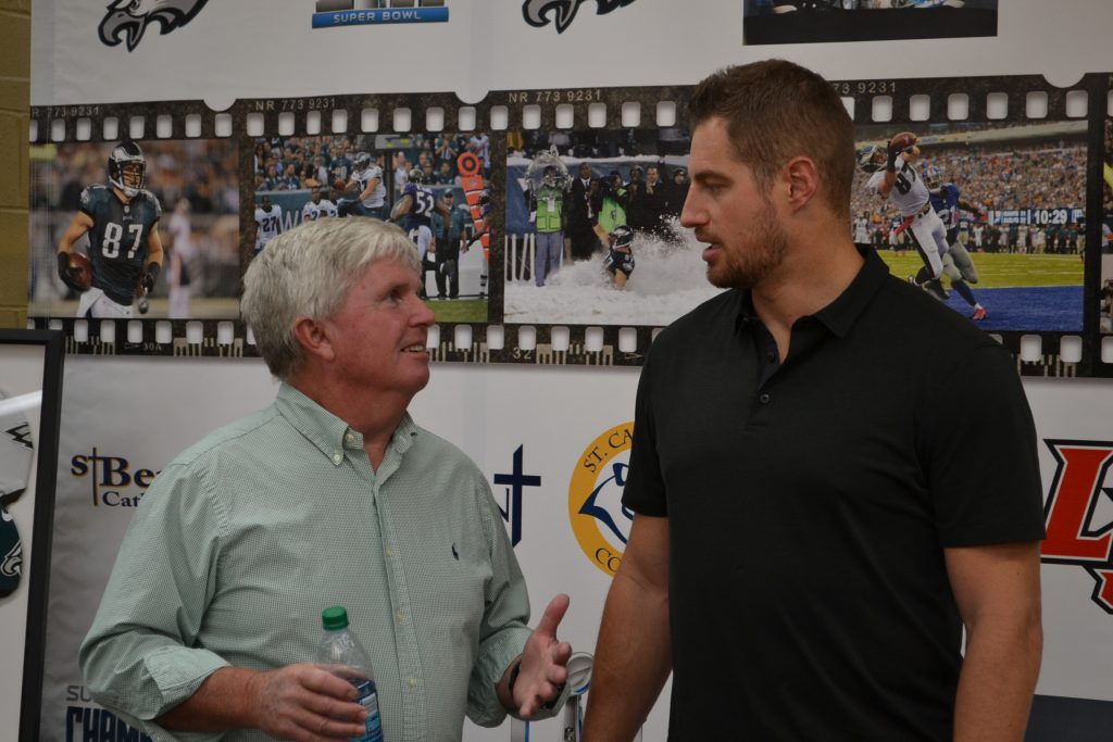 Brent Celek and Dan Flynn '74, La Salle High School Advancement Director during Brent's meet and greet at La Salle (CT Photo/Greg Hartman)