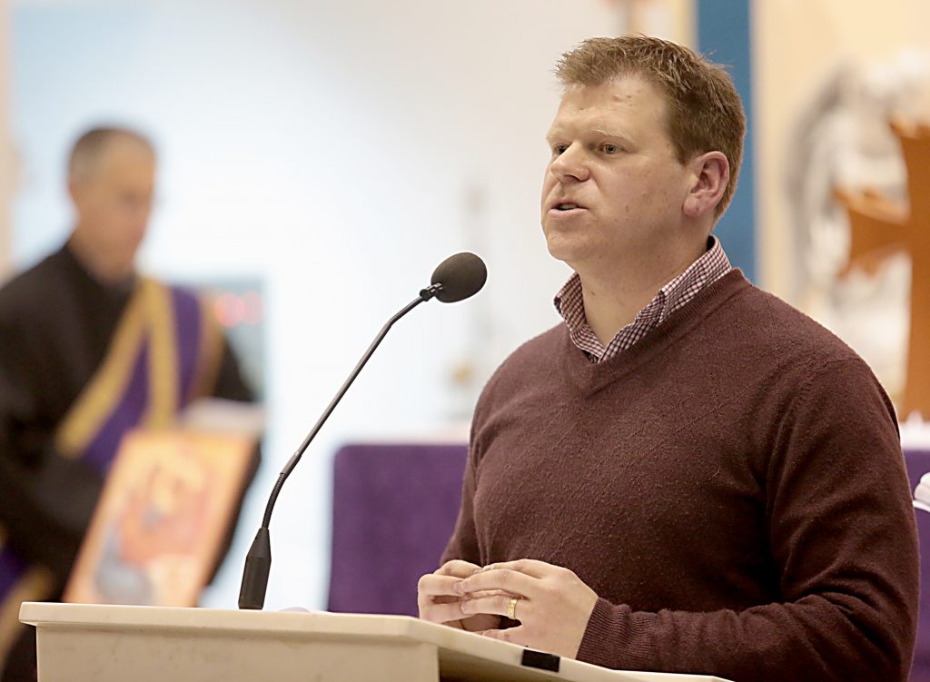 Tony Stieritz, director of Catholic Social Action, proclaims Prayers of the People during the Lenten Prayer Service for Christian Unity and Religious Freedom at St. Anthony of Padua Maronite Catholic Church in Cincinnati Saturday, Mar. 10, 2018. (CT Photo/E.L. Hubbard)