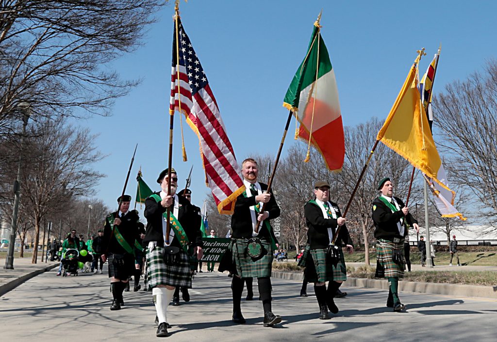 The Greater Cincinnati Ancient Order of Hibernians march in the annual St. Patrick's Day Parade in Cincinnati Saturday, Mar. 10, 2018. (CT Photo/E.L. Hubbard)