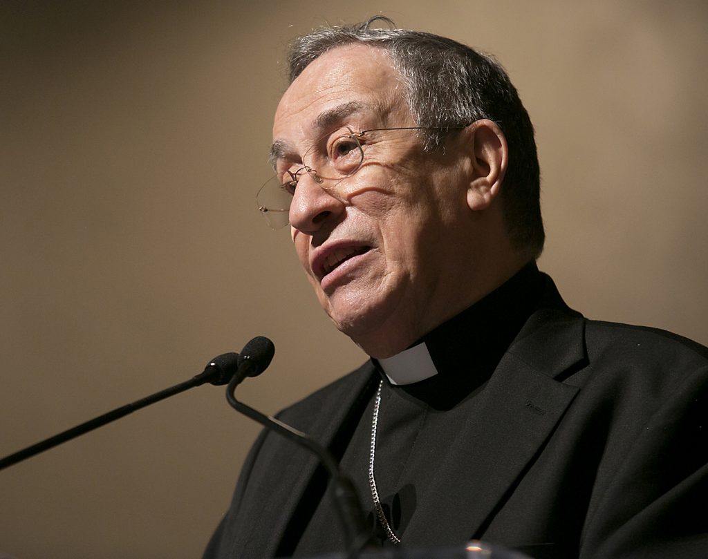 Oscar Cardinal Rodriguez Maradiaga, of Honduras, delivers his speech during the Bishop Fenwick Society dinner at the Hilton Cincinnati Netherland Plaza Hotel Friday, May 4, 2018. (CT Photo/E L Hubbard)