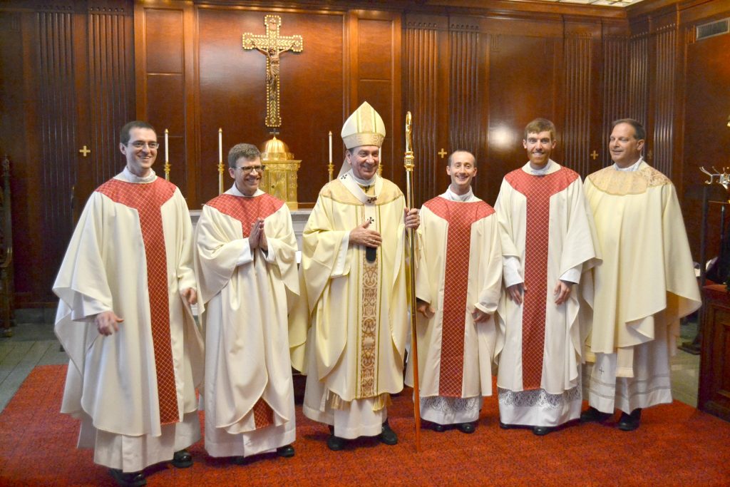 (From Left to Right) Rev. Andrew Smith, Rev. Craig Best, Archbishop Dennis Schnurr, Rev. Jarred Kohn, Rev. Jacob Willig, Rev. Anthony Brausch (CT Photo/Greg Hartman)