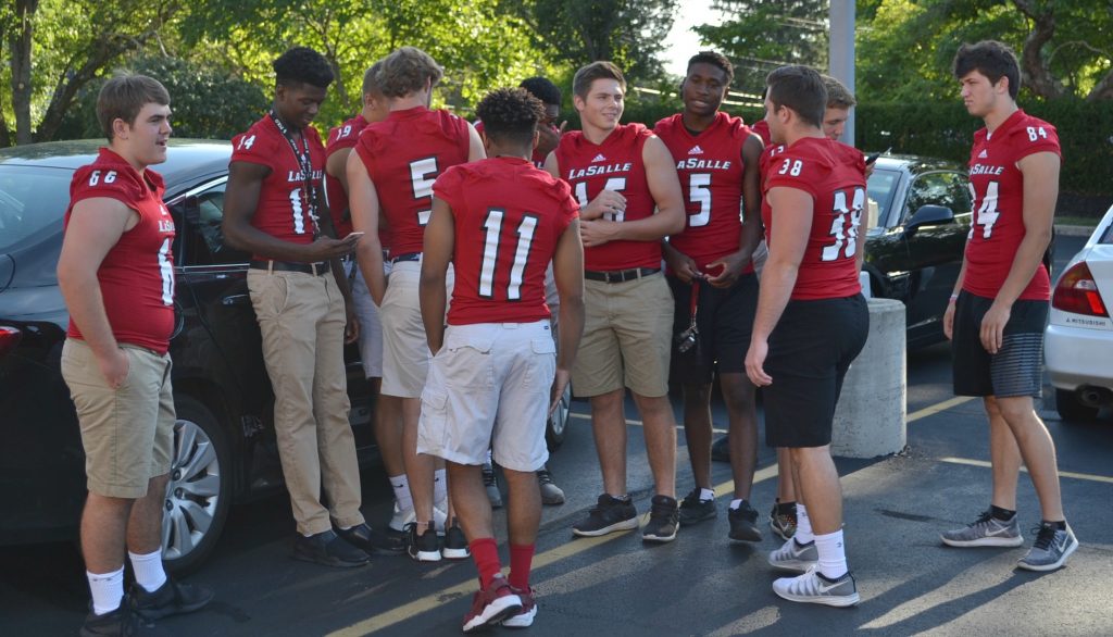 Members of the La Salle Lancer Football team arrive at St. Gertrude for the 2018 Sportsleader Rosary Rally. (CT Photo/Greg Hartman)