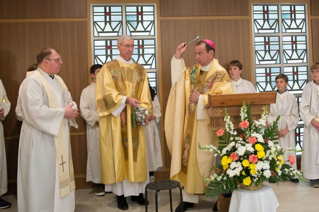 The Most Reverend Archbishop Dennis M. Schnurr blesses The Cross and Crown Atrium at Our Lord Christ the King Church in Mt. Lookout. (Courtesy Photo)