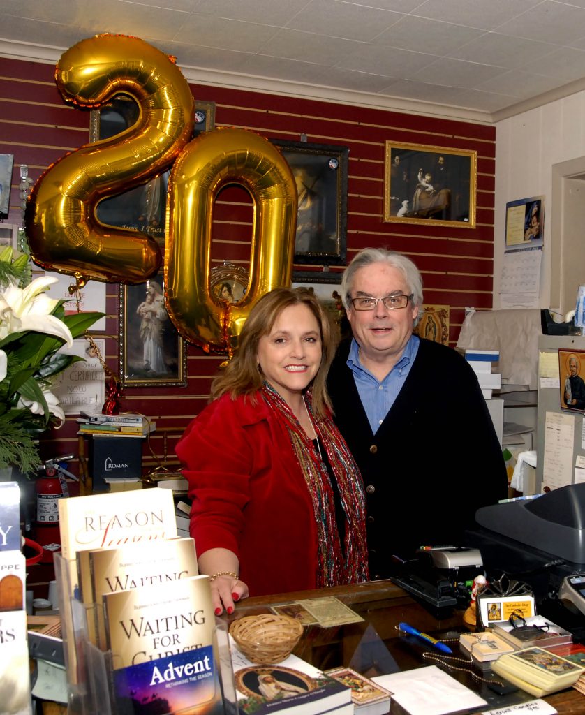 Jenn and Dan Giroux(cq) are celebrating 20 years as the owners and proprietors of The Catholic Shop in Madeira. The store offers a wide range of religious articles including books, music, and gifts for all ages. CT Photo/David A Moodie)