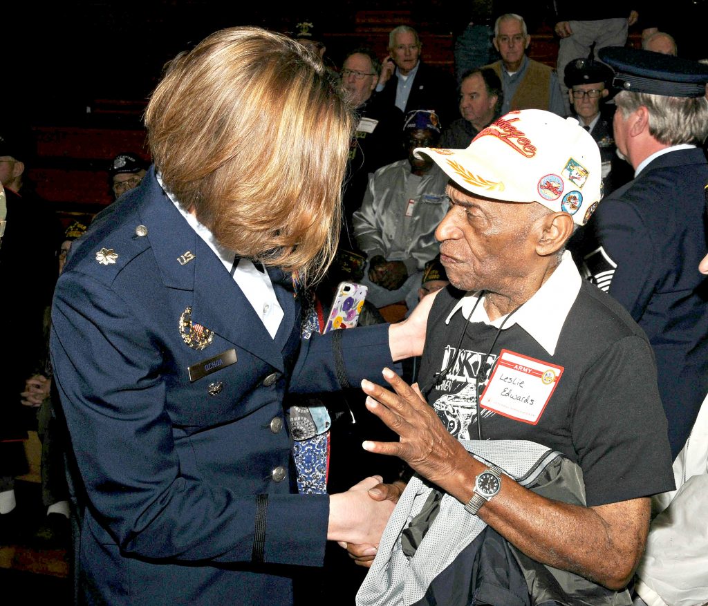 United States Air Force Lt. Col. Angela F. Ochoa(cq) meets with Tuskegee Airman Leslie Edwards(cq) following La Salle High School's 5th Annual Veteran Appreciation Day on Tuesday, Feb. 12. Ochoa(cq), a St. Ursula Academy graduate, gave the key note address for the event. (CT Photo/David Moodie)