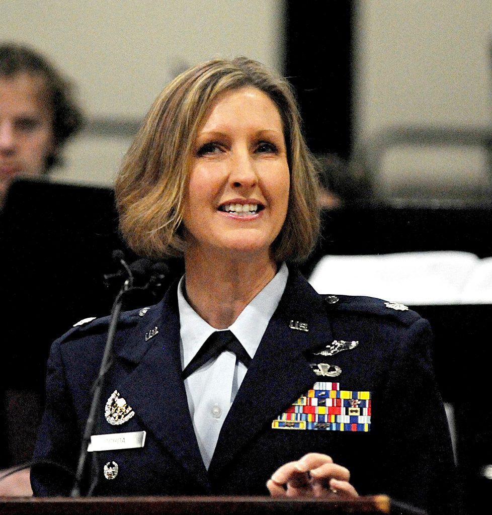 United States Air Force Lt. Col. Angela F. Ochoa(cq) delivers the key note address during La Salle High School's 5th Annual Veteran Appreciaton Day on Tuesday, Feb. 12. Ochoa, who is graduate of St. Ursula Academy, spoke about women's role in the United States military. (CT Photo/David Moodie)