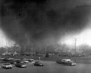 A massive F5 tornado bears down on Xenia. Photo taken from the Greene Memorial Hospital by Fred Stewart. (Courtesy NWS)