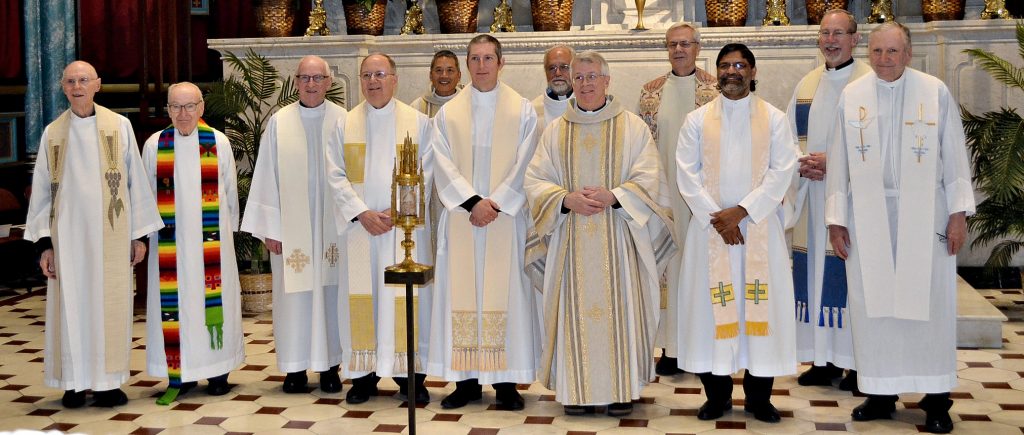 Cpncelebrants celebrate the 200th Anniversary Mass at St. Francis Xavier. From left to right: Left to Right Fr. Edward Pigott, SJ, Fr. George Wilson, SJ, Fr. Thomas Kennealy, SJ, Fr. Robert Thesing, SJ, Fr. Glen Chun, SJ, Fr. Nathan Wendt, SJ, Fr. John LaRocca, SJ, Fr. Patrick Fairbanks, SJ, Fr. Walter Deye, SJ, Fr. Jerome Veigas, SJ, Fr. Michael Graham, SJ, Fr. Paul Macke, SJ (CT Photo/Greg Hartman)