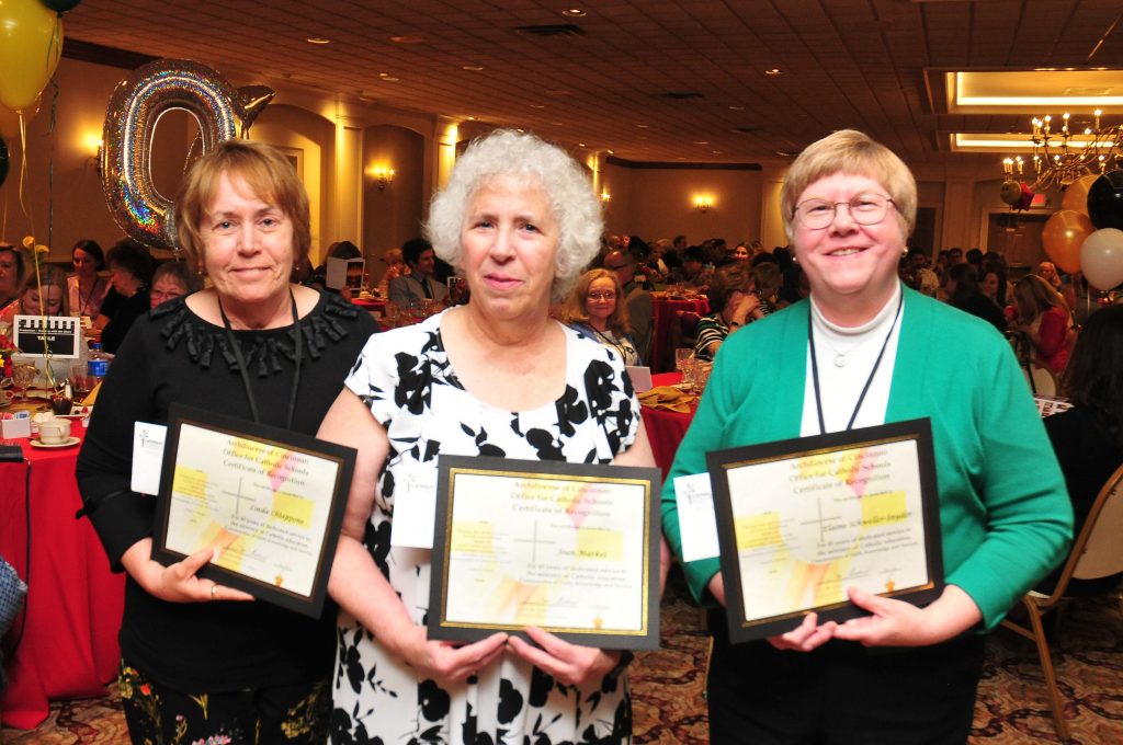 Linda Chiappone, St. Christopher school, Joan Market, Holy Angels, and Elaine Schweller-Synder, St. Patrick Elementary School (CT Photo/Jeff Unroe)