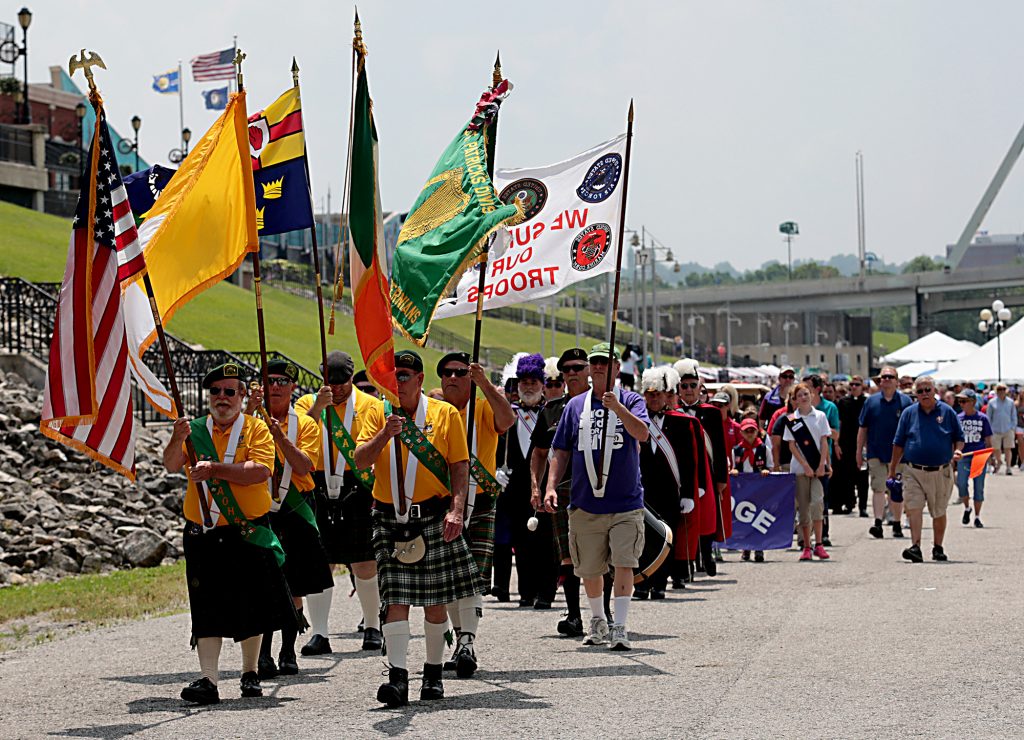 The Ancient Order of Hibernians lead the walk during the Cross the Bridge for Life in Newport, Ky. Sunday, June 2, 2019. (CT Photo/E.L. Hubbard)