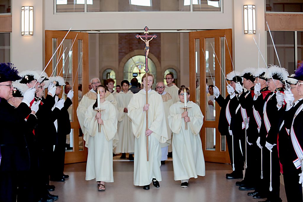 The closing procession passes the Knights of Columbus Honor Guard during the dedication of St. John the Baptist Church in Harrison Saturday, June 1, 2019. (CT Photo/E.L. Hubbard)