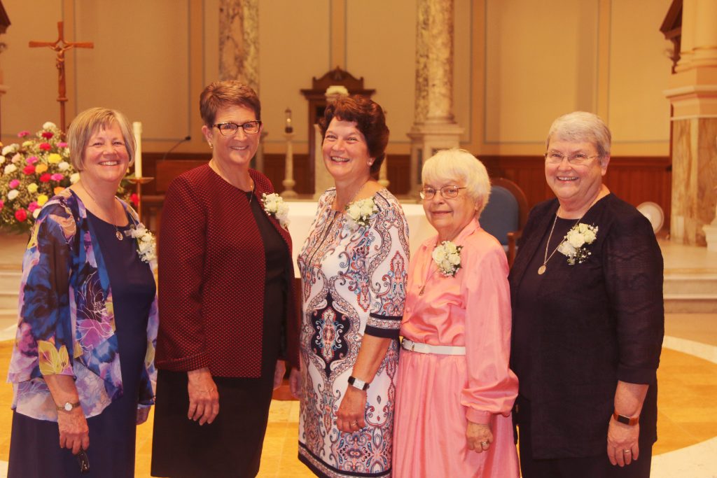The newly elected Leadership Council of the Sisters of Charity of Cincinnati includes (from left) Sister Marge Kloos, SC, councilor; Sister Joanne Burrows, SC, councilor; Sister Monica Gundler, SC, councilor; Sister Teresa Dutcher, SC, councilor; and Sister Patricia Hayden, SC, president. (Courtesy Photo)