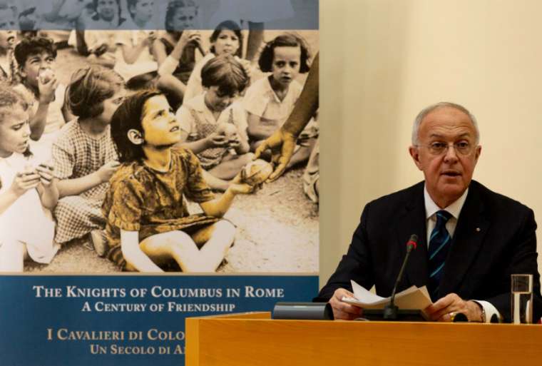 Supreme Knight Carl Anderson of the Knights of Columbus speaks at a press conference in Rome, Feb. 11, 2020. Credit: Daniel Ibanez/CNA.