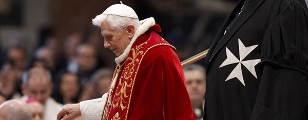 Pope Benedict XVI delivers a talk at the conclusion of a Mass for the Knights of Malta. The Vatican says the pope is considering changes to conclave rules as his papacy nears an end. (CNS photo/Paul Haring)