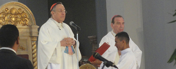 Cardinal Oscar Rodriguez Maradiaga, left, celebrates mass on the feast of Our Lady of Suyapa Feb. 3 at the Basilica of Our Lady of Suyapa in Honduras. Archbishop of Cincinnati Dennis M. Schnurr, right, concelebrated.