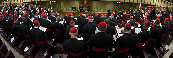 Cardinals attend a meeting at the Synod Hall in the Vatican
