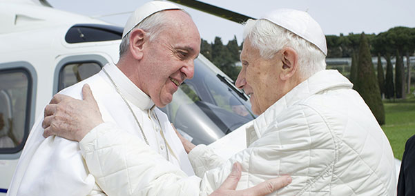 Pope Francis embraces emeritus Pope Benedict XVI at papal summer residence in Castel Gandolfo