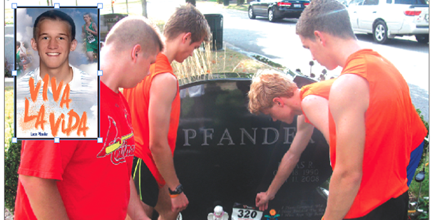 Chamiande Julienne seniors Joe Hoeft, John Carper, Conor Hickey and Ben Reis place a racing bib at Lucas Pfander's grave at Calvary Cemetery. The photo inset is of Pfander. (Courtesy Photos)