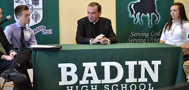 Archbishop Dennis M. Schnurr speaks with Badin High School students prior to his traditional Catholic Schools Week broadcast with area high school students. This year, 15 of the archdiocese's 23 Catholic high school participated in the broadcast. (CT Photo/John Stegeman)