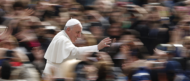 Pope Francis greets the crowd as he arrives to lead his general audience in St. Peter's Square at the Vatican Feb. 19. (CNS photo/Paul Haring) (Feb. 19, 2014) See POPE-AUDIENCE Feb. 19, 2014.