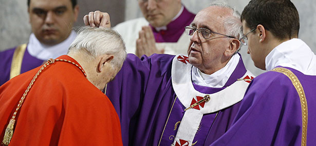 Pope Francis places ashes on head of Slovakian Cardinal Jozef Tomko during Ash Wednesday Mass at the Basilica of Santa Sabina in Rome March 5. (CNS photo/Paul Haring) (March 5, 2014) See POPE-ASHWEDNESDAY March 5, 2014.