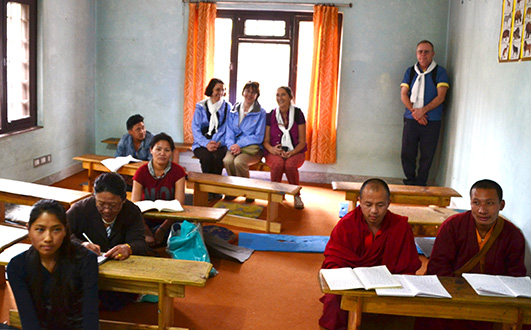 Members of the Archdiocese of Cincinnati group sit in on a free language class at the NGO Himalayan Roots to Fruits in Kathmandu, Nepal. (CT Photo/Megan Walsh)