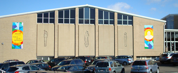Banners hang outside John XXIII Catholic Elementary School in Middletown in anticipation of the school's namesake. (Courtesy Photo)