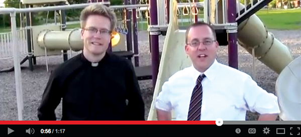 Chris Geiger, right, and Deacon Ethan Moore star in the introductory video for the Men of the Mount Youtube channel. (Screenshot)