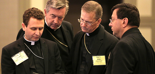 Auxiliary Bishop Andrew H. Cozzens of St. Paul and Minneapolis, Bishop Paul D. Sirba of Duluth, Minn., center, and other bishops read from an iPad June 11 during the annual spring meeting of the U .S. Conference of Catholic Bishops in New Orleans. (CNS photo/Bob Roller) (June 12, 2014) See BISHOPS- June 11 and 12, 2014.