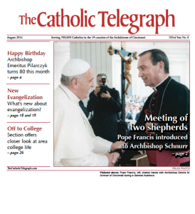 The cover of the August edition of The Catholic Telegraph will feature Pope Francis' audience with Archbishop Dennis M. Schnurr. (Screenshot)