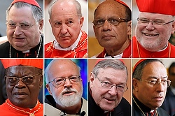 Pope Francis made his international advisory panel on church governance, unofficially dubbed the "Group of Eight" or "G-8," a permanent council of cardinals. He was scheduled to meet for the first time with the panel Oct. 1. The eight are from top, left to right: Italian Cardinal Giuseppe Bertello, Chilean Cardinal Francisco Javier Errazuriz Ossa, Indian Cardinal Oswald Gracias, German Cardinal Reinhard Marx, Congolese Cardinal Laurent Monsengwo Pasinya, U.S. Cardinal Sean P. O'Malley, Australian Cardinal George Pell and Honduran Cardinal Oscar Rodriguez Maradiaga. (CNS photos) (Sept. 30, 2013) See POPE-CARDINALS Sept. 30, 2013.