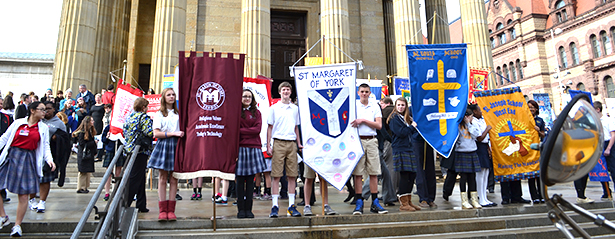 Students pose outside the Cathedral of St. Peter in Chains after the 2013 Catholic Schools Week Mass. (CT Photo/John Stegeman)