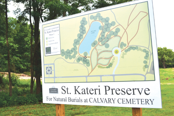 A photo shows the plan for the St. Kateri Preserve at Calvary Cemetery. (CT Photo/Steve Trosley)