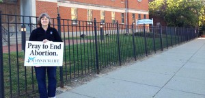 Mary Clark, coordinator for the Cincinnati 40 Days for Life campaign, stands outside the Planned Parenthood on Auburn Avenue in Cincinnati. (CT Photo/John Stegeman)