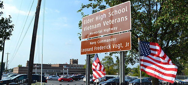 A sign marking a stretch of Glenway Ave. (Ohio 246) in honor of Elder High School's alumni who died serving in Vietnam was dedicated Sept. 20. The sign pictured is located westbound on Glenway in front of the Rev. Jerome A. Shaeper Center. (CT Photo/John Stegeman)