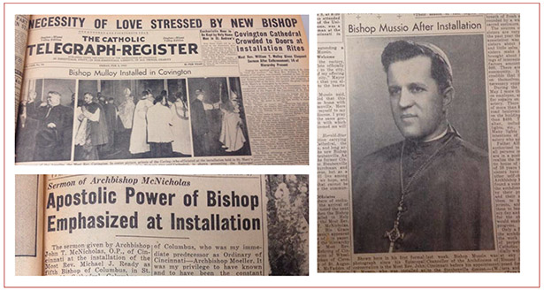Coverage of the installations of bishops from around the region in 1945 are shown. In 1945, three of the Archdiocese of Cincinnati's suffragan sees and one neighboring diocese had new bishops installed. (CT File Photos)