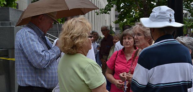 Supporters of traditional marriage pray the rosary outside the Potter Stewart Courthouse in downtown Cincinnati on Aug. 6. The women pictured were part of a prayer gathering that took place as judges inside began a review of several marriage-related cases. (CT Photo/John Stegeman)