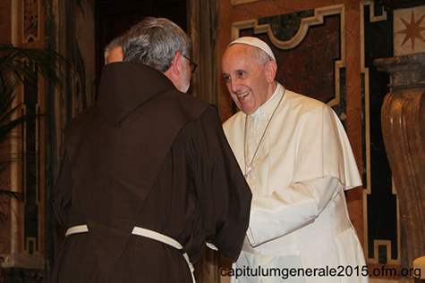 Father Jeff Scheeler, provincial ministers of the Cincinnati-based Franciscan friars, met Pope Francis on May 26. (Courtesy Photo/Order of Friars Minor)
