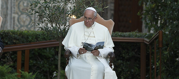 Pope Francis attends an invocation for peace in the Vatican Gardens June 8, 2014. (CNS photo/Paul Haring) 