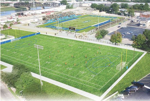 An artist's rendering shows a practice field (foreground)  and new football stadium (background) to be constructed at Chaminade Julienne High School. (Courtesy Image/Chaminade Julienne High School)