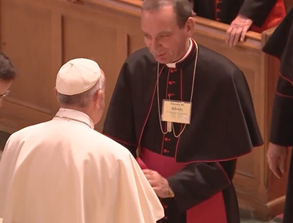 Archbishop Dennis M. Schnurr of Cincinnati met with the Holy Father following his address to the Bishops of the United States this afternoon. (Screenshot from USCCB live stream)